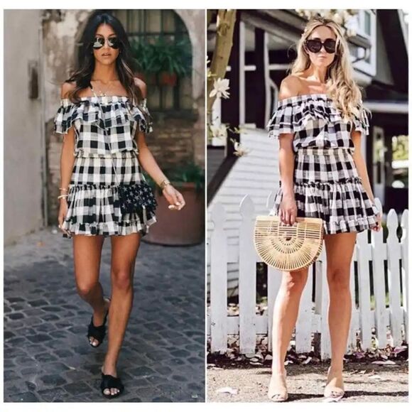 MISA Los Angeles Marielle Gingham Check Off The Shoulder Dress - Picture 1 of 8